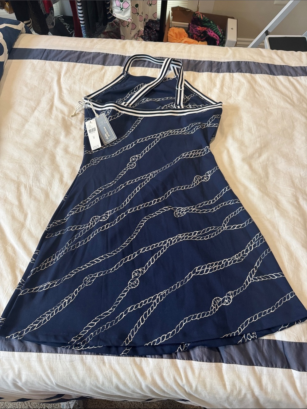 Navy Rope-Print Halter mini sport Dress Daily Practice for Anthropologie - Picture 2 of 6